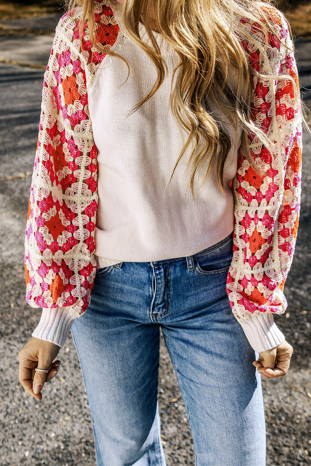 Crochet Puff Sleeve Contrast Knit Sweater