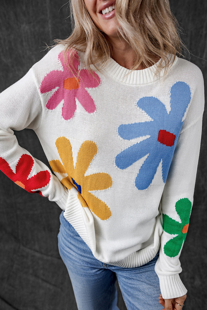 Colorful Big Flower Pattern Crewneck Sweater