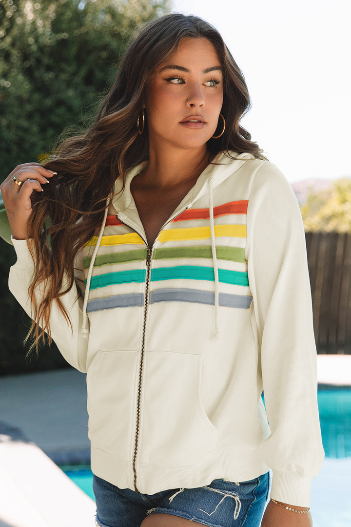 Colorblock Striped Patchwork Side Pockets Zipper Hoodie