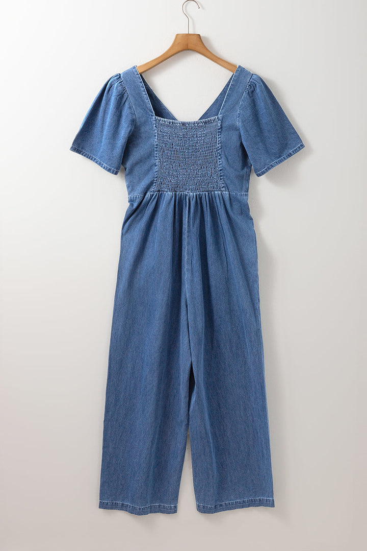 V Neck Short Sleeve Smocked Back Denim Loose Jumpsuit