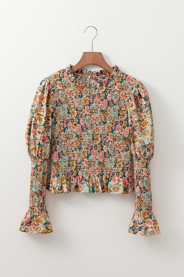 Floral Print Smocked Bubble Sleeve Ruffled Crop Top