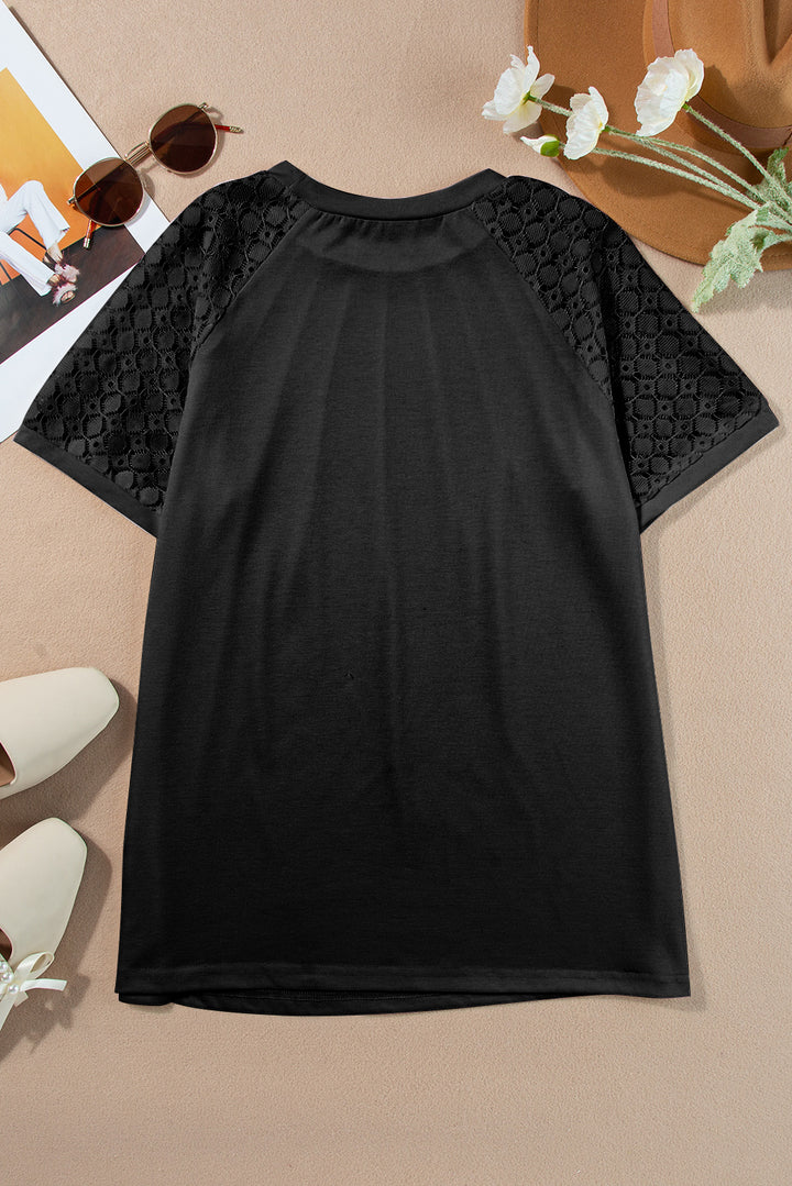 Black Seamed Detail Contrast Lace Raglan Sleeve Tee