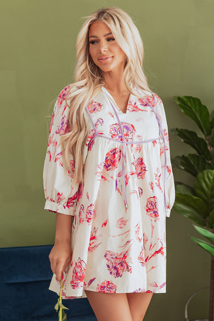 Floral Print Balloon Sleeve V Neck Babydoll Mini Dress