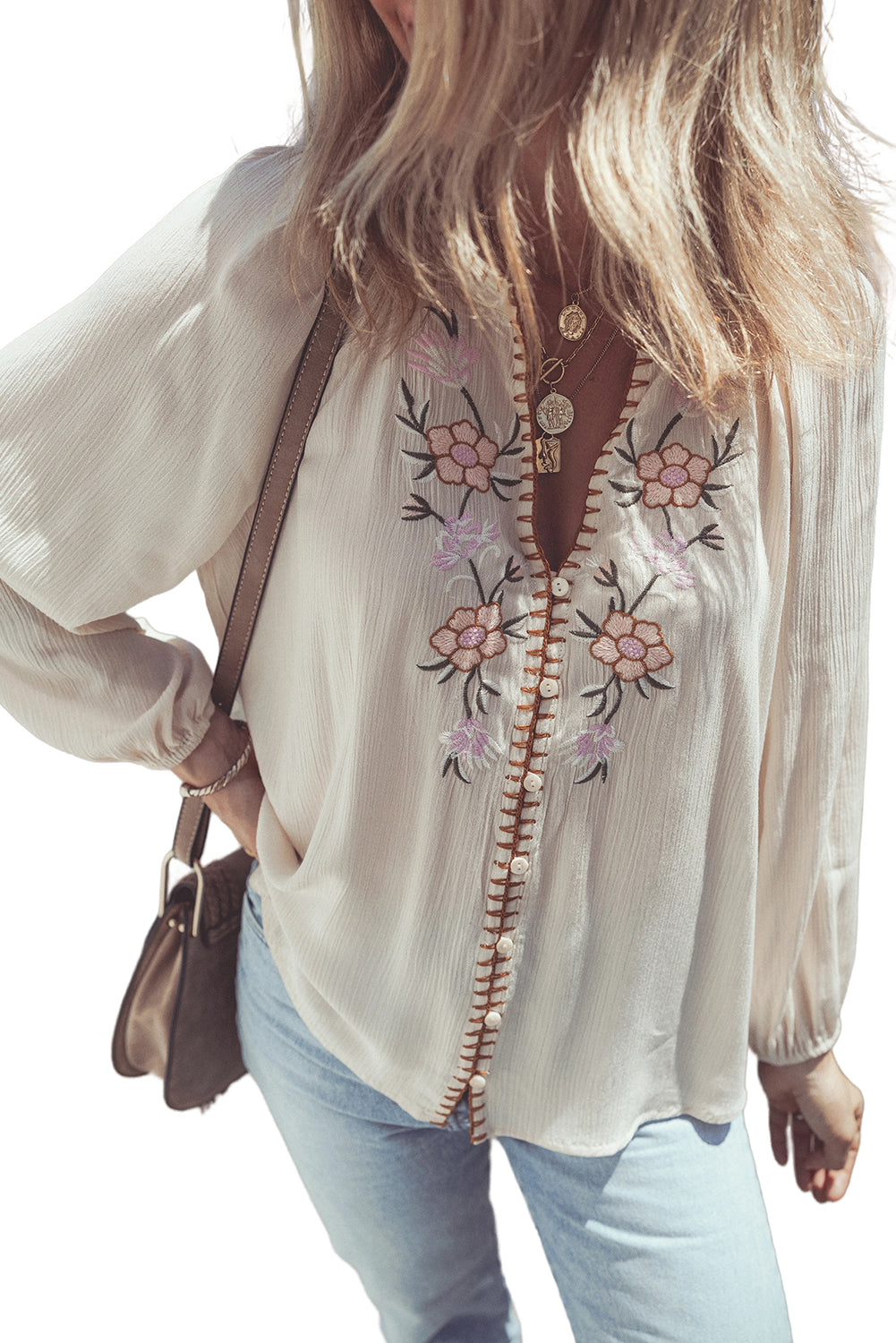 Floral Embroidered Textured Puff Sleeve Loose Shirt