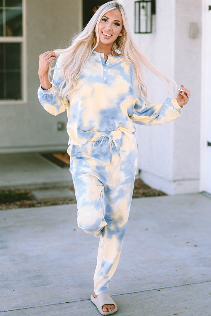 Tie Dye Henley Top and Drawstring Pants Outfit