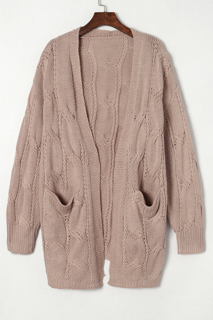 Ribbed Trim Eyelet Cable Knit Cardigan