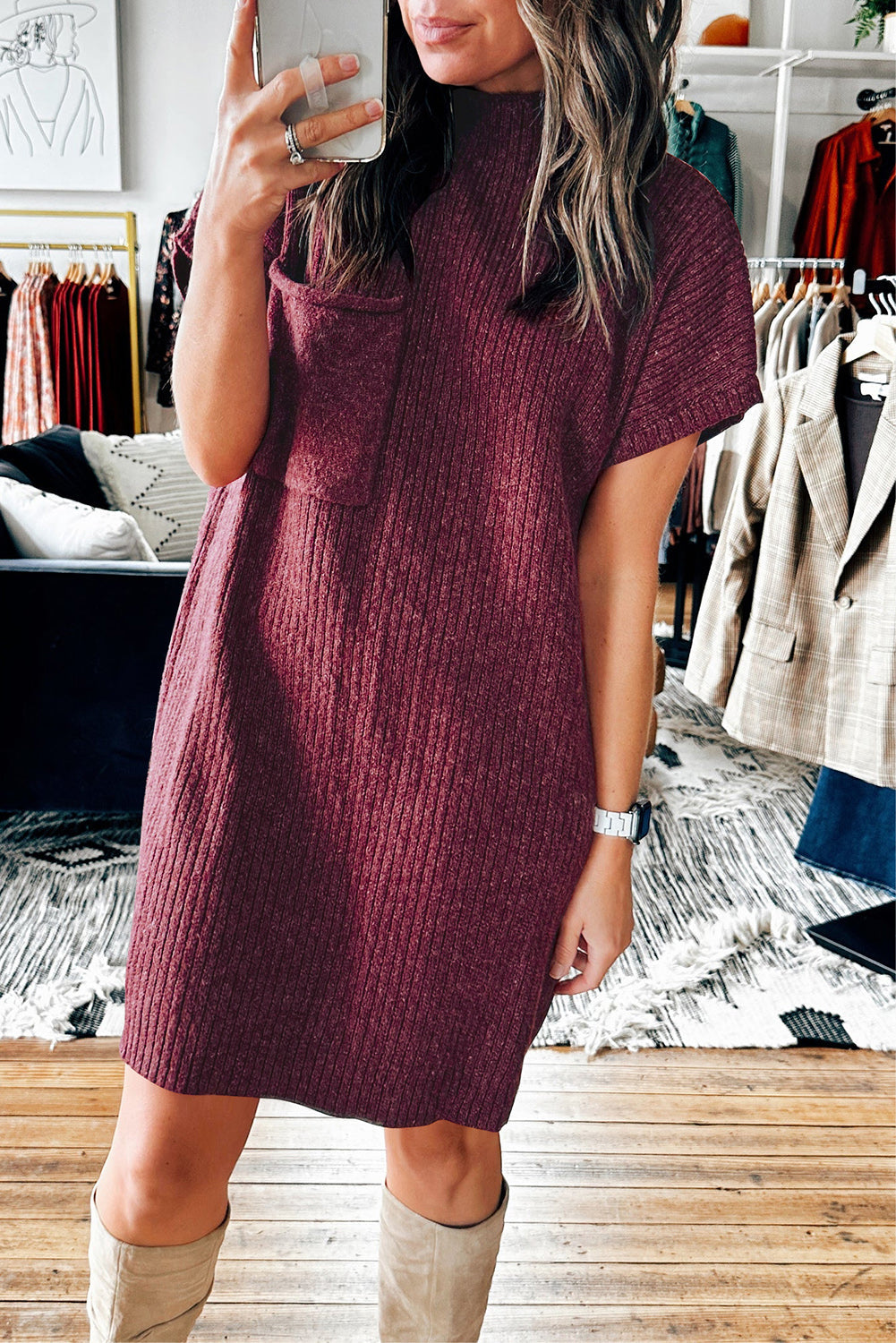 Patch Pocket Ribbed Knit Short Sleeve Sweater Dress