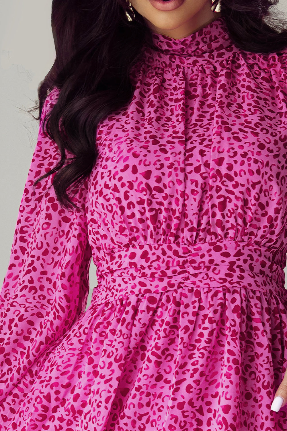 Leopard Puff Sleeve Knotted High Neck Ruffle Dress