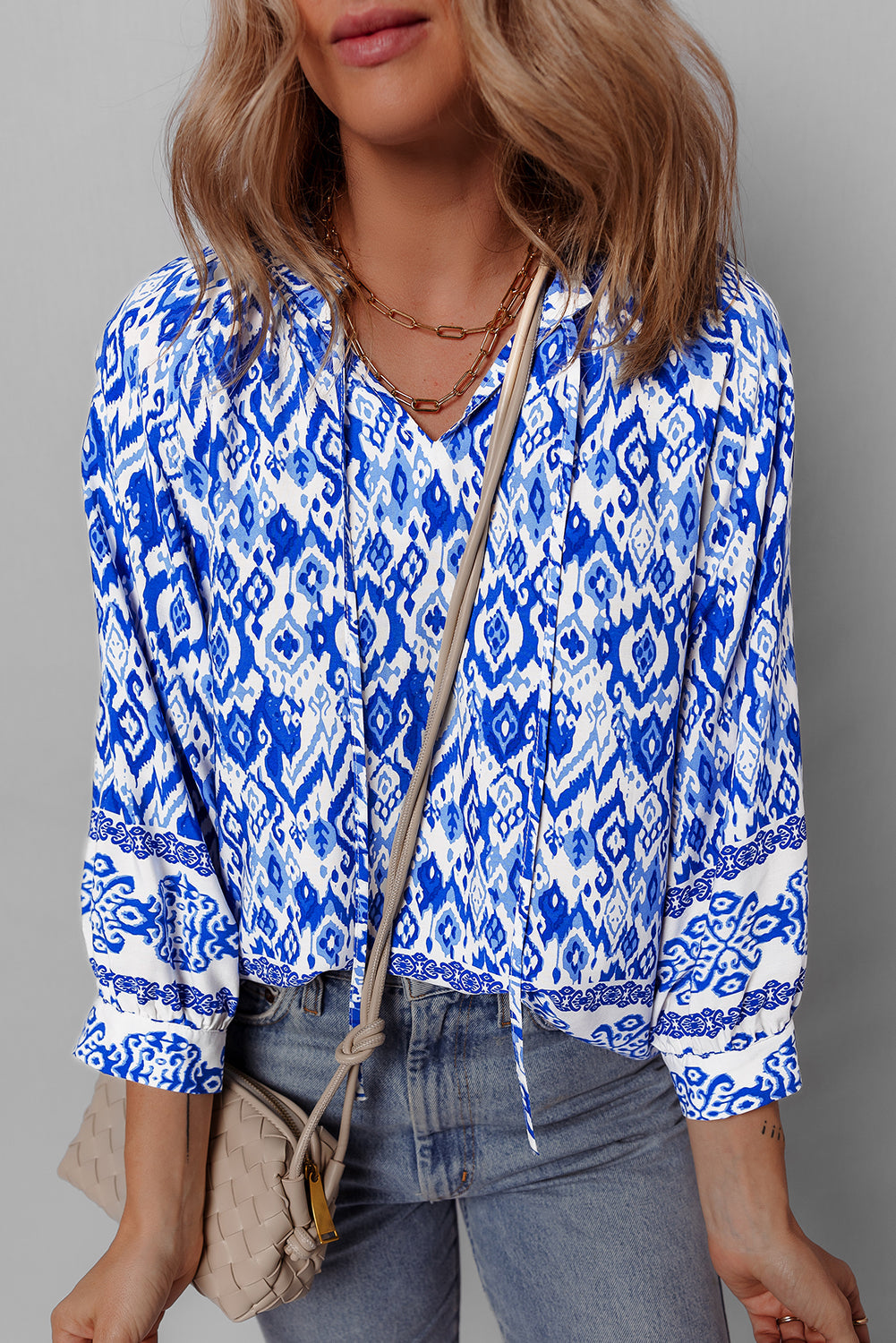 Boho Printed 3/4 Sleeve Tied Neck Blouse