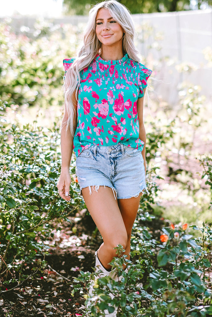 Floral Ruffled Flutter Sleeve Ruched Blouse