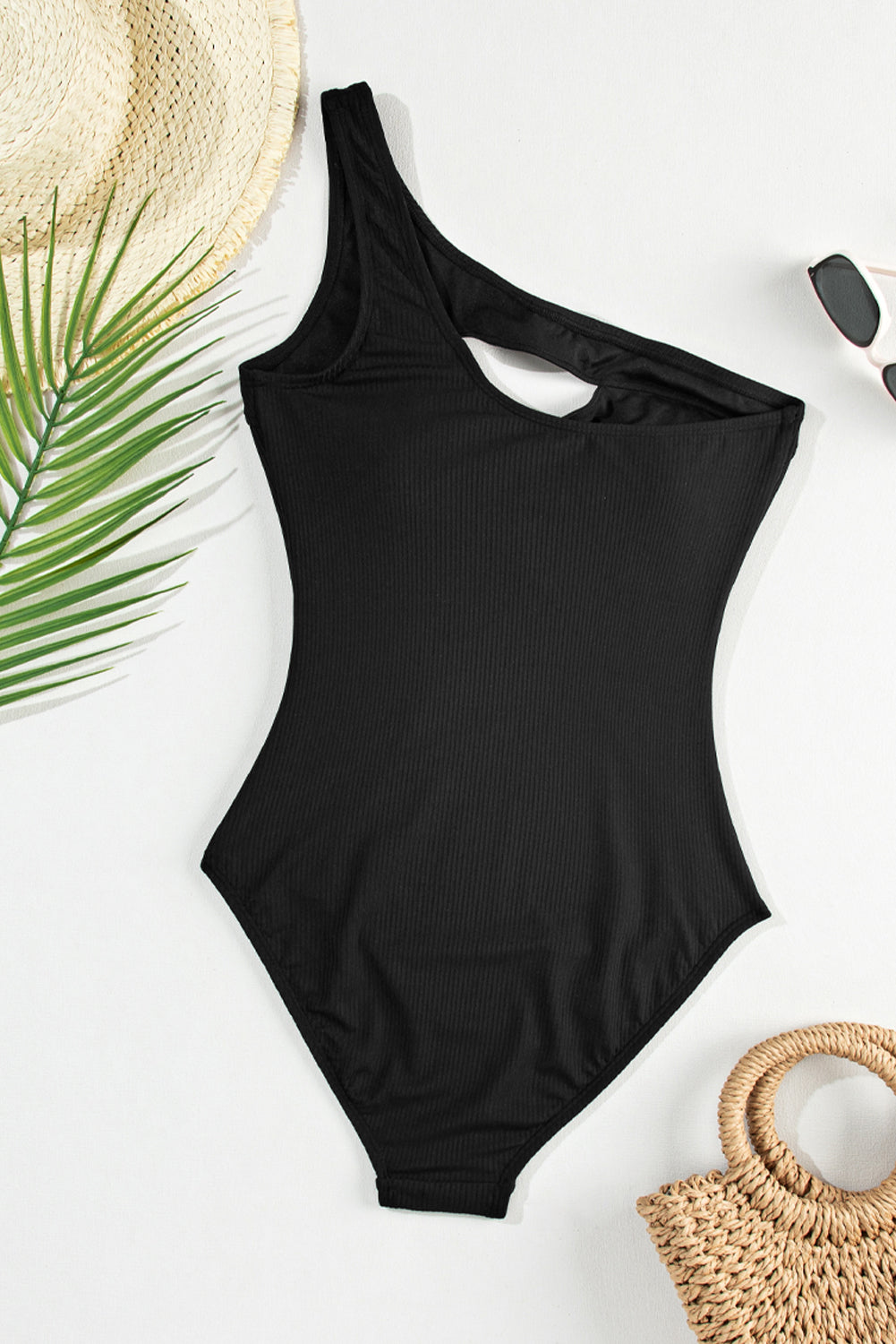 Ribbed One Shoulder Hollowed One Piece Swimsuit