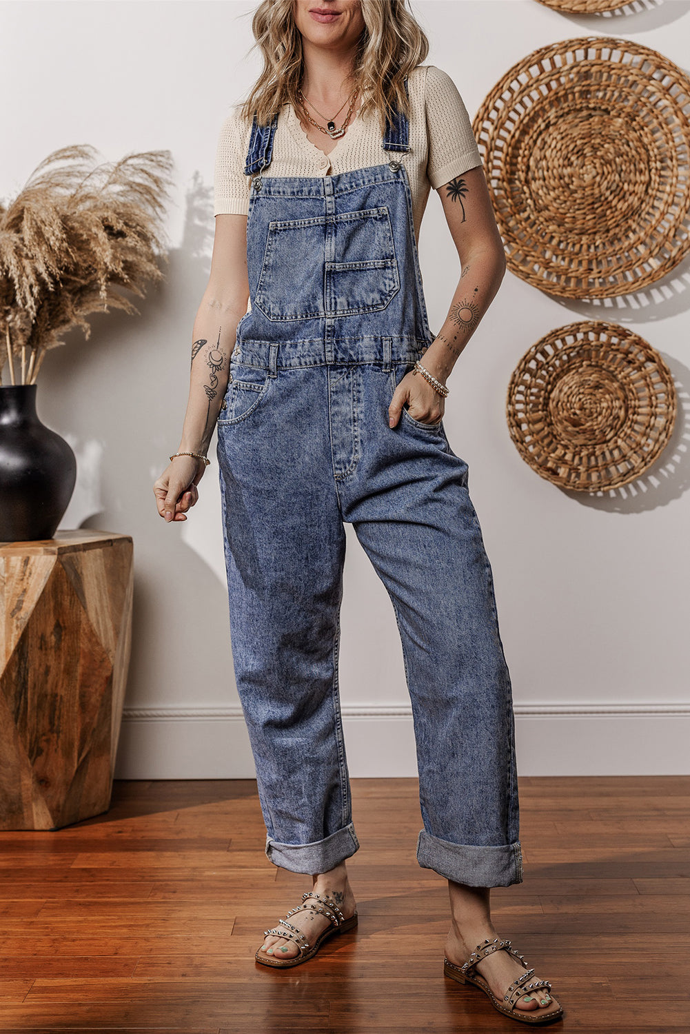 Denim Bib Straight Leg Jumpsuit with Pockets