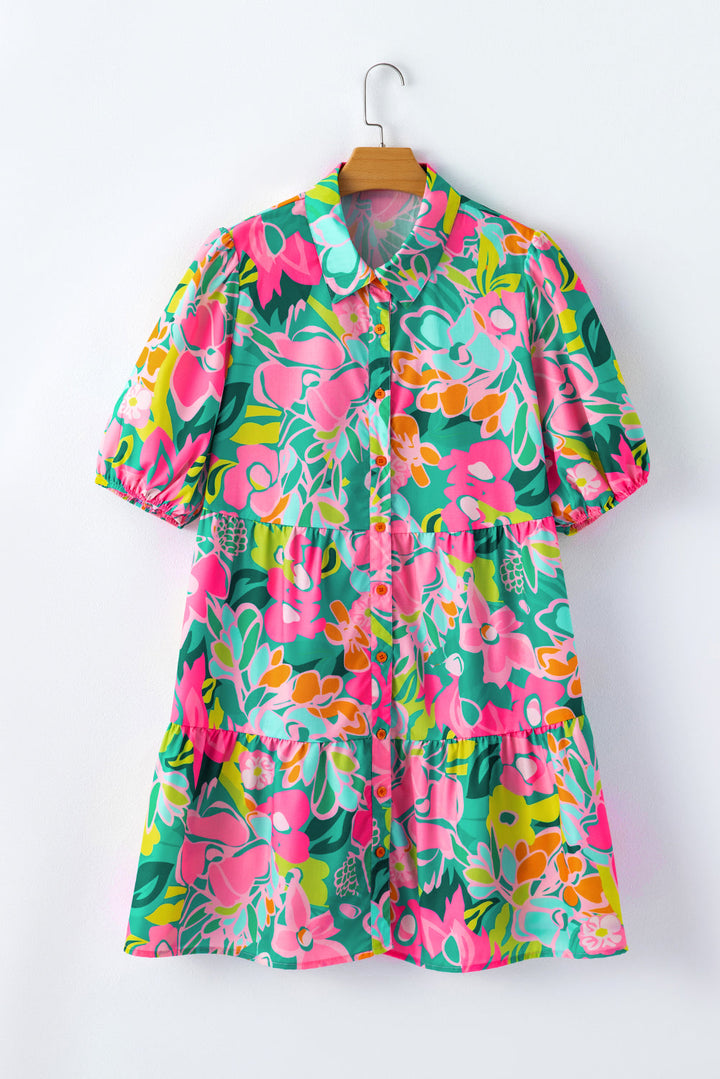 Plus Floral Print Puff Sleeve Tiered Shirt Dress