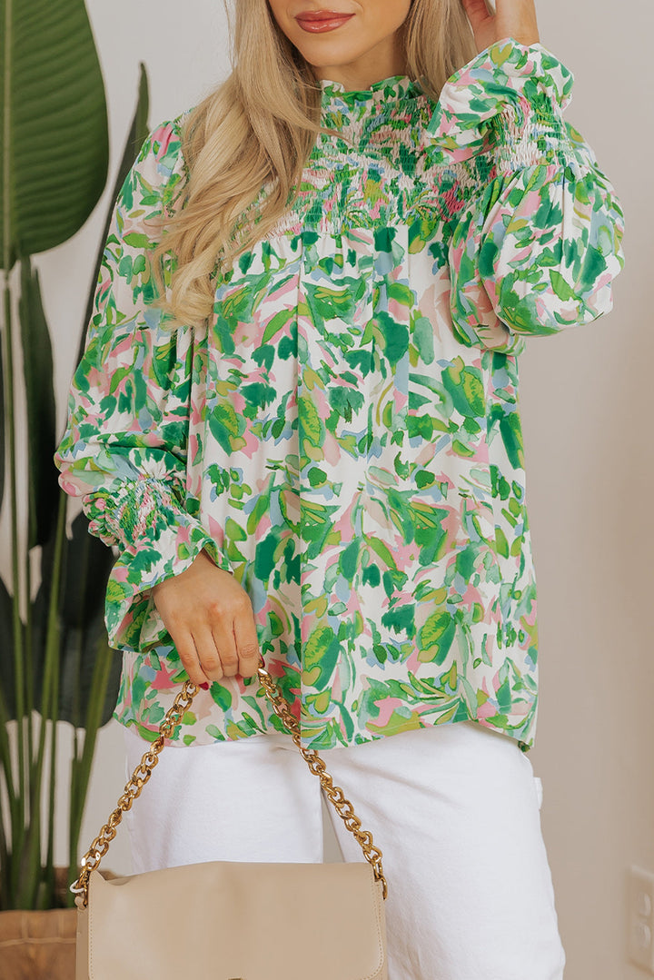 Leafy Printed Flounce Sleeve Shirred Mock Neck Blouse