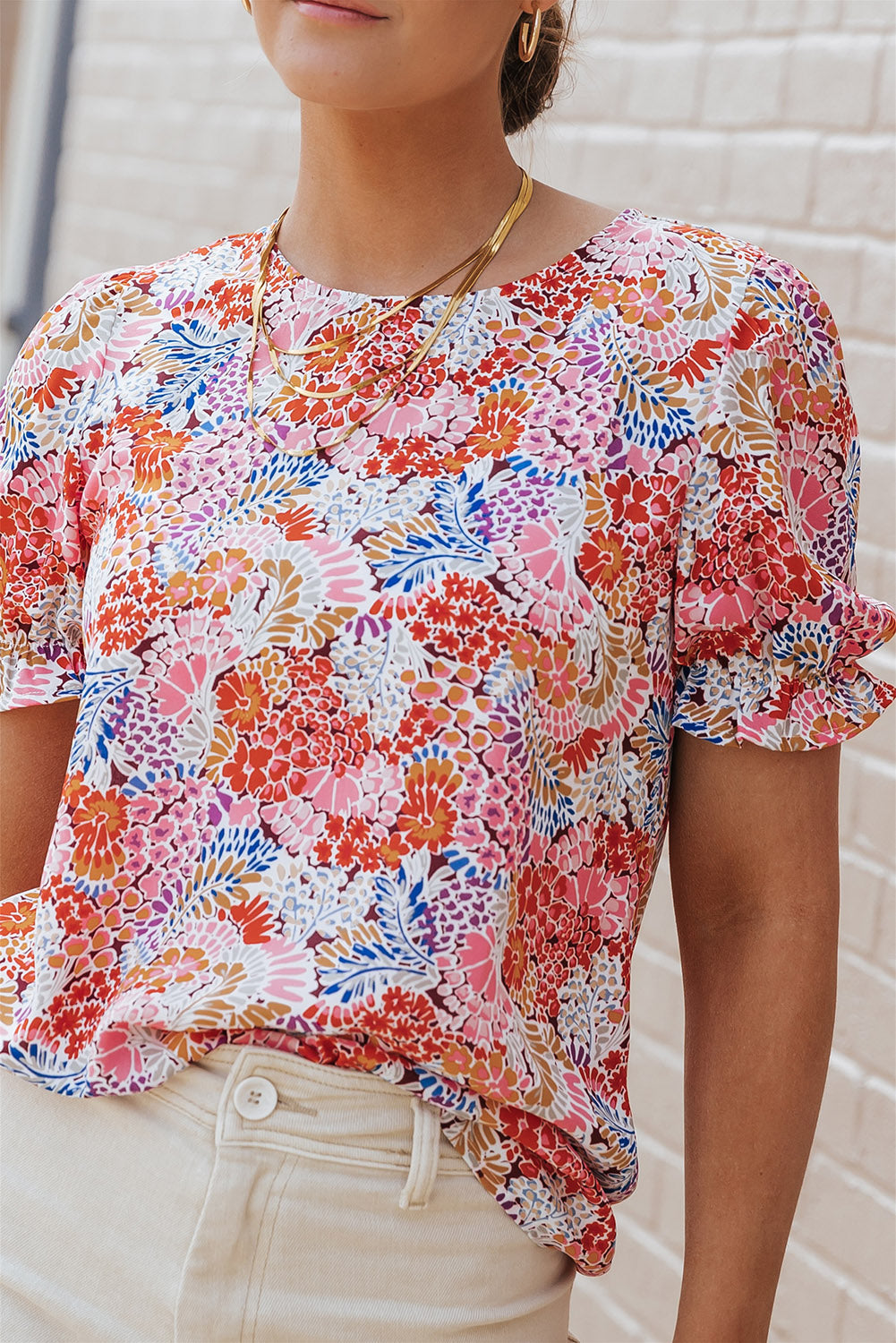 Mix Floral Pattern Bubble Sleeve Blouse