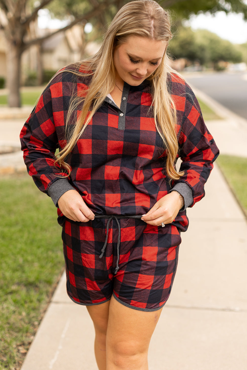 Christmas Buffalo Print Henley Top and Shorts Plus Size Set