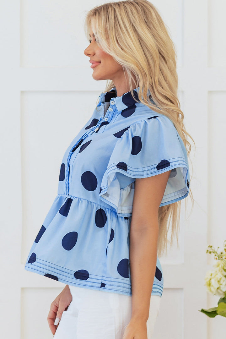 Polka Dot Print Ruffled Short Sleeve Buttoned Collared Blouse