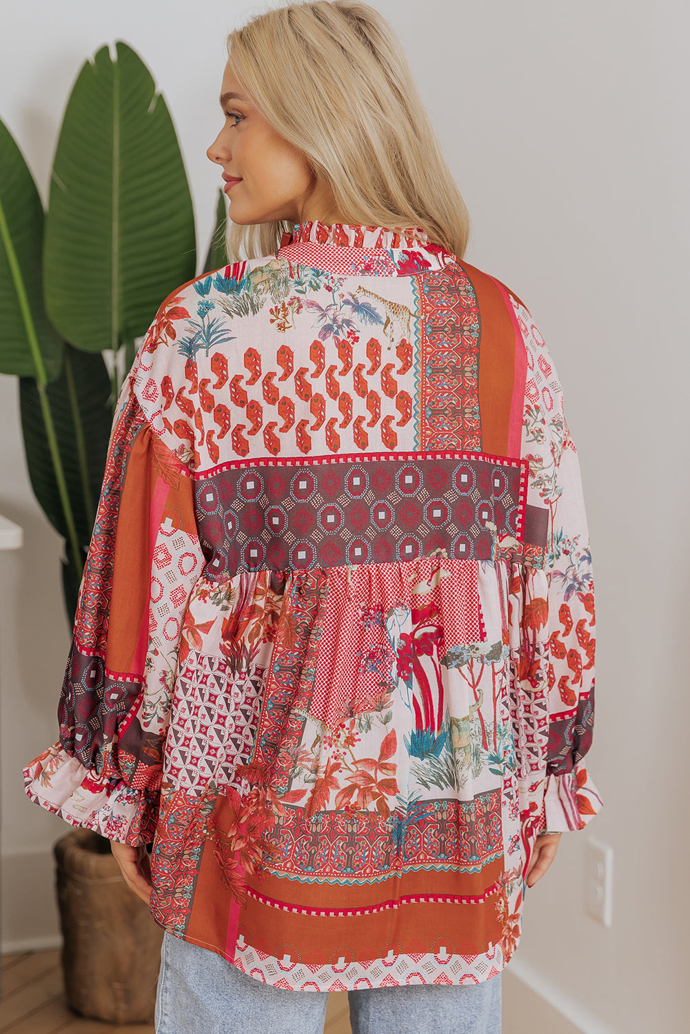 Boho Geometric Mixed Print Patchwork Bubble Sleeve Shirt