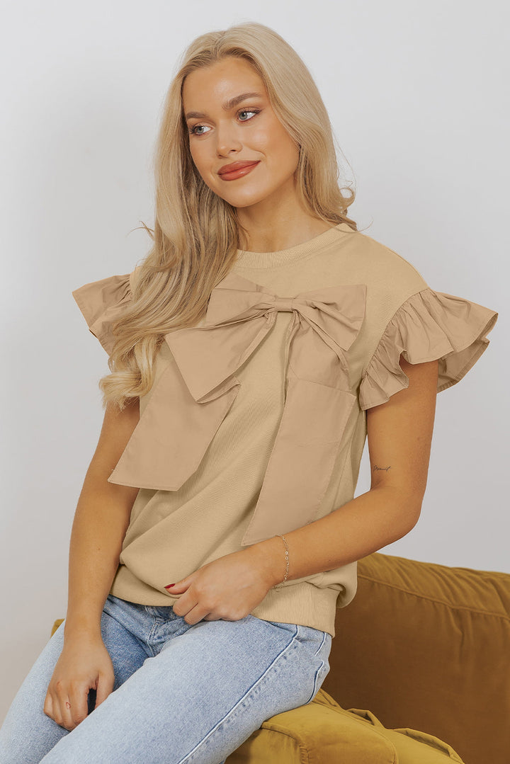 Two Tones Ribbon Bow Ruffle Sleeve Top