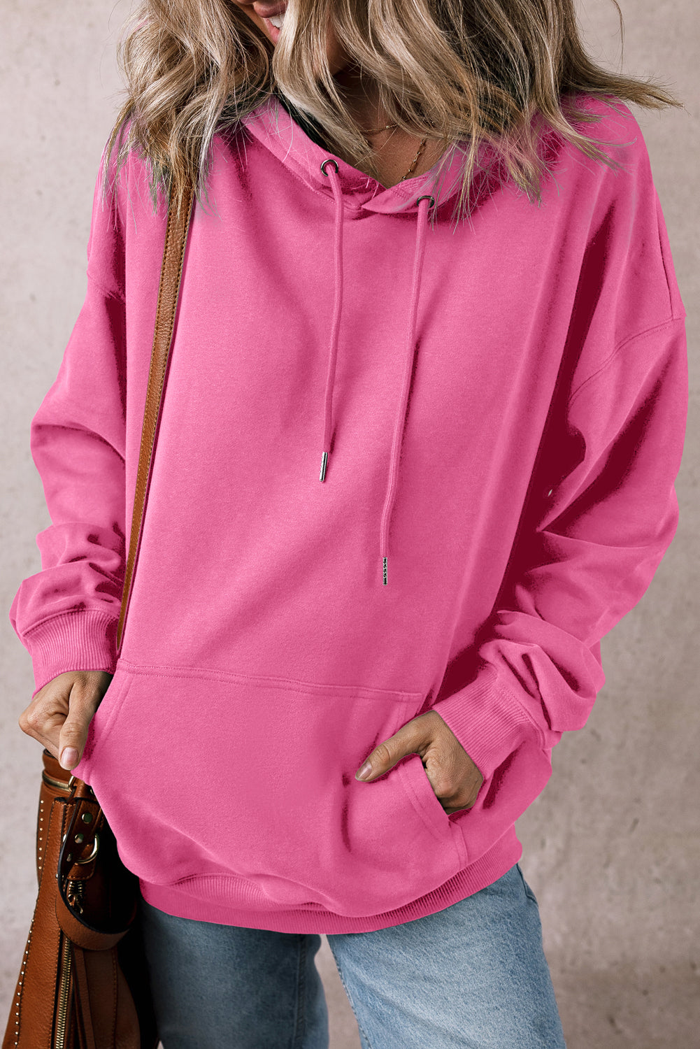 Solid Kangaroo Pocket Drawstring Loose Fit Hoodie