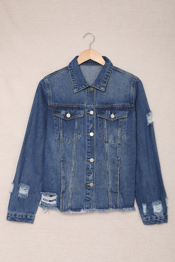 Veste en jean à revers et ourlet brut avec boutons