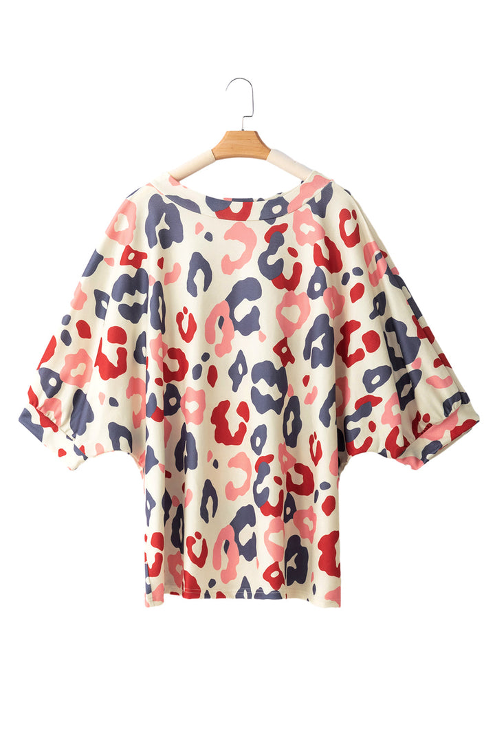 Colorful Leopard Print Batwing Sleeve Plus Blouse