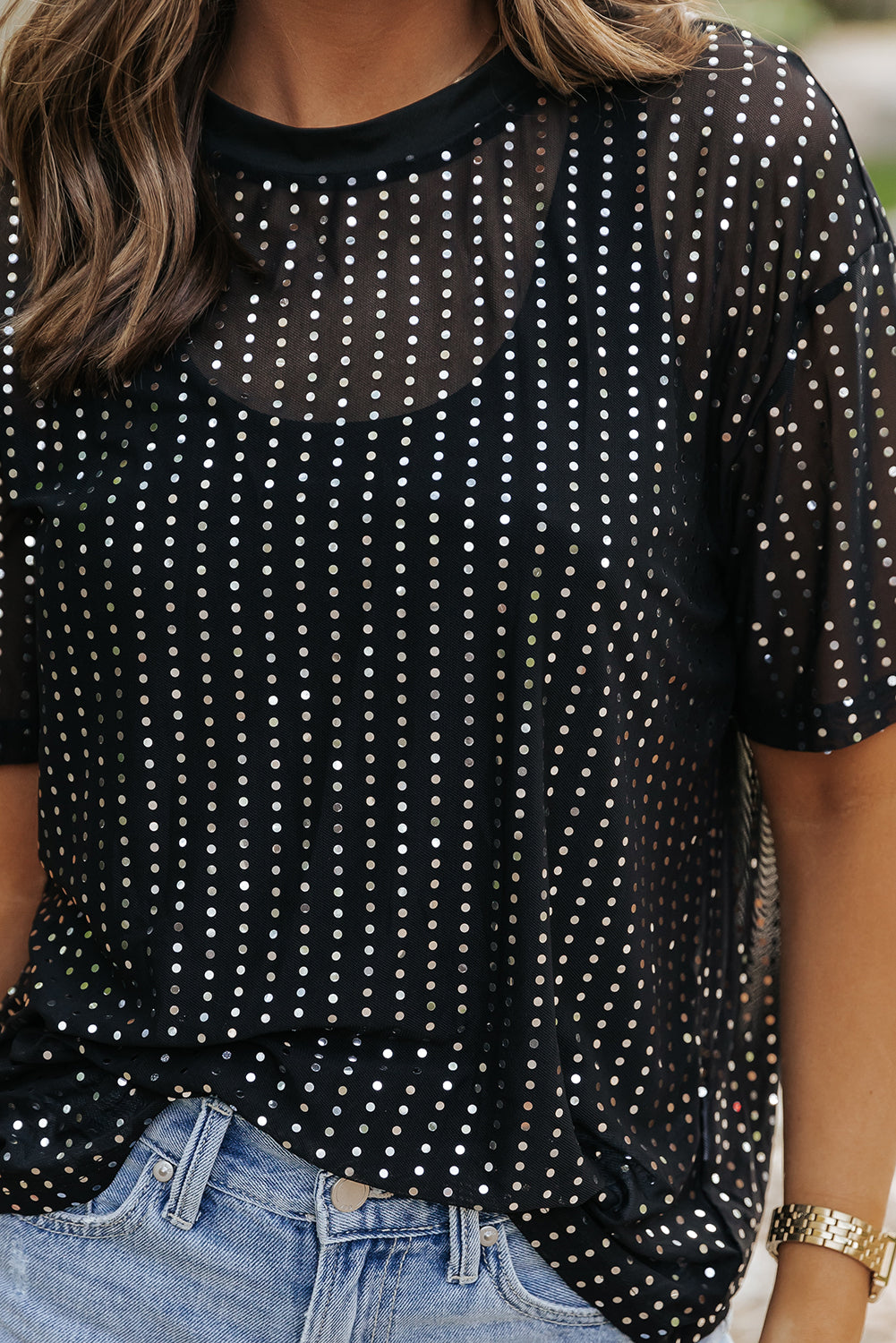 Black Sequin Drop Shoulder Sheer T-shirt