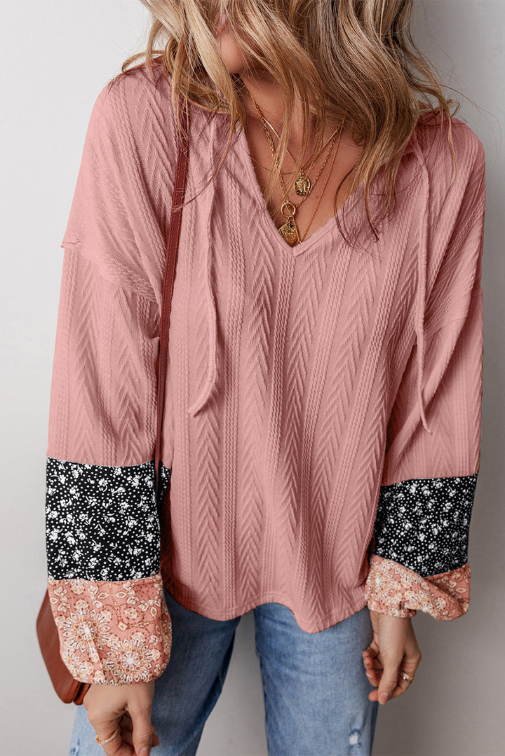 Floral Patchwork Textured Knit Drawstring V Neck Blouse