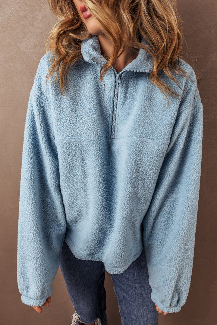 Collared Zipper Drop Shoulder Fleece Sweatshirt