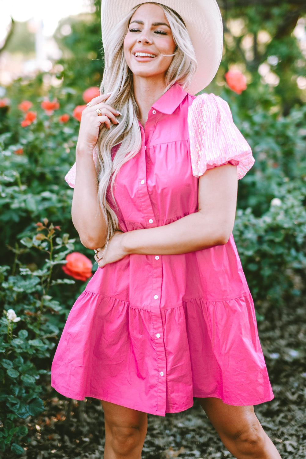 Sequined Bubble Sleeve Tiered Ruffled Shirt Dress