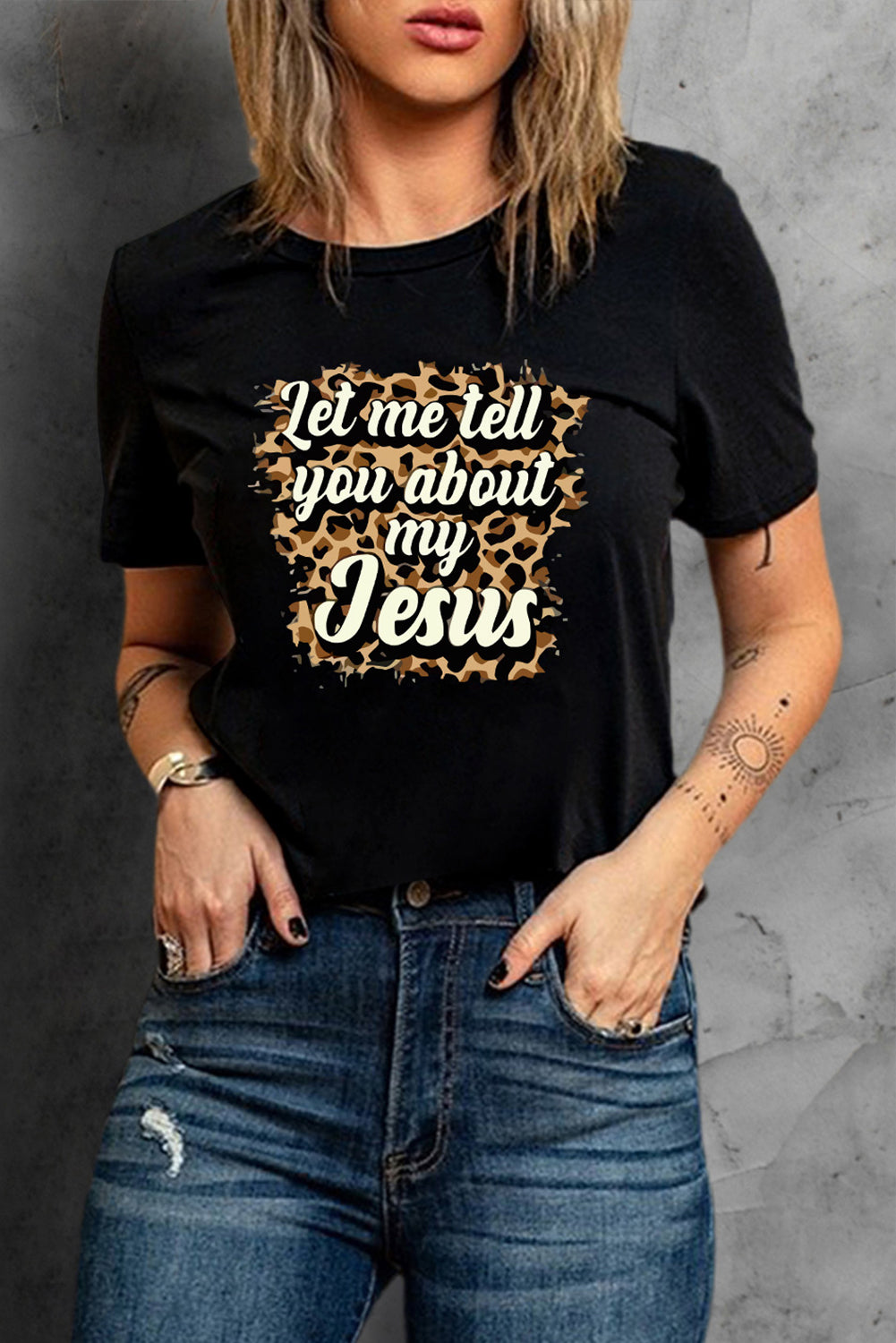 Let Me Tell You About My Jesus Leopard Graphic Tee