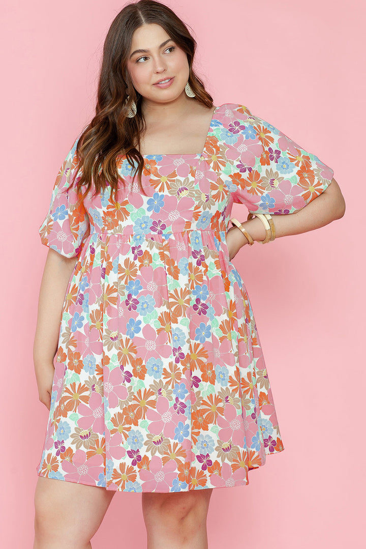 Floral Puff Sleeve Square Neck Plus Babydoll Dress