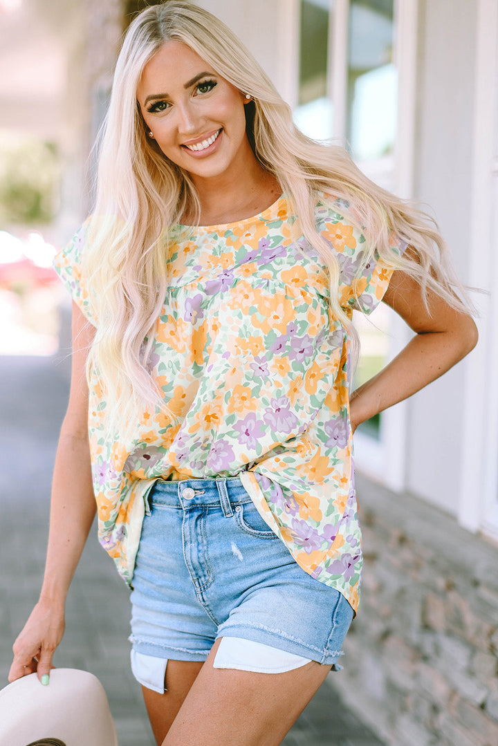 Floral Print Keyhole Back Short Sleeve Babydoll Blouse