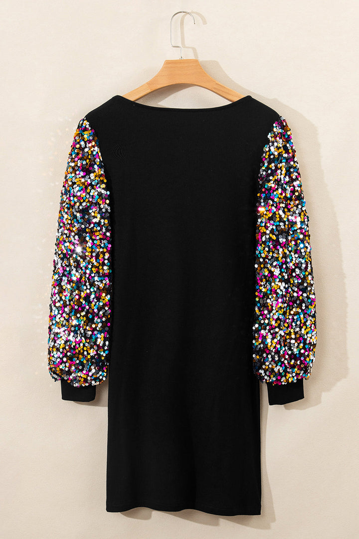 Sequin Bishop Sleeve U Neck Mini Sweater Dress