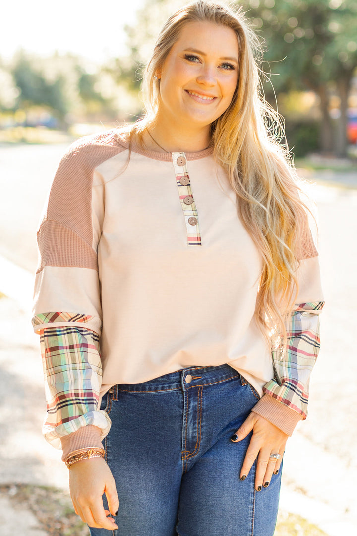 Plus Size Plaid Patchwork Layered Henley Top