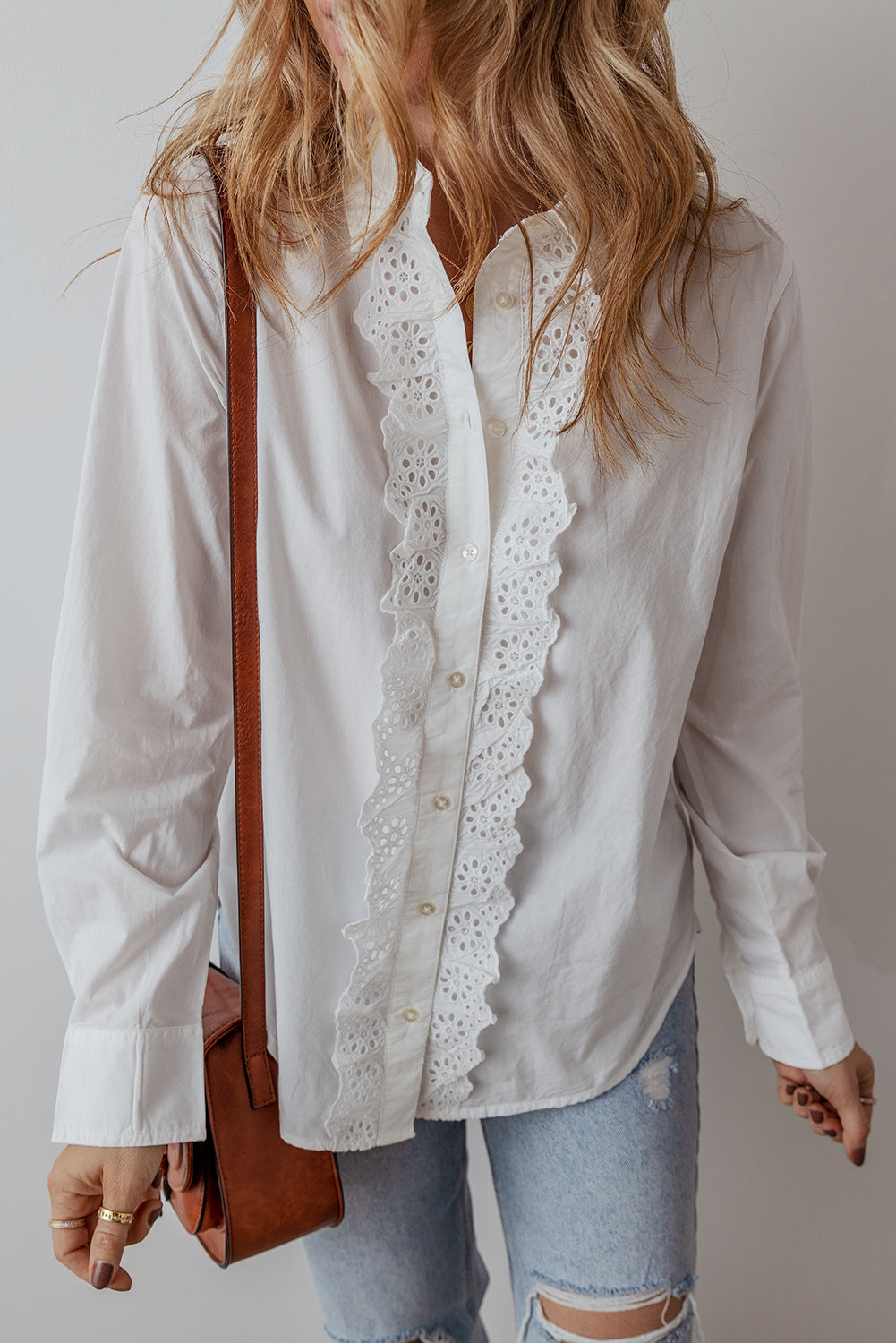 Lace Crochet Trim Turn Down Collar Buttoned Shirt