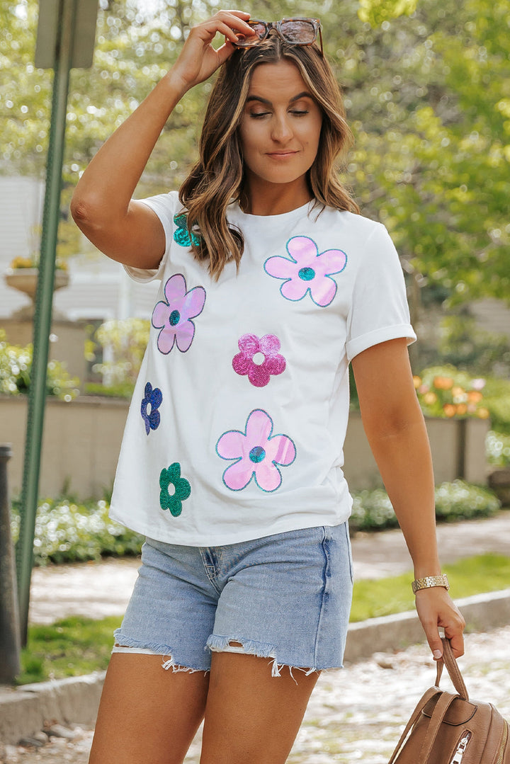 Sequined Flower Pattern Round Neck T Shirt