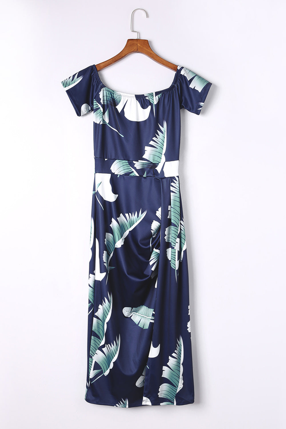 Pattern Print Off Shoulder Slit Bodycon Midi Dress