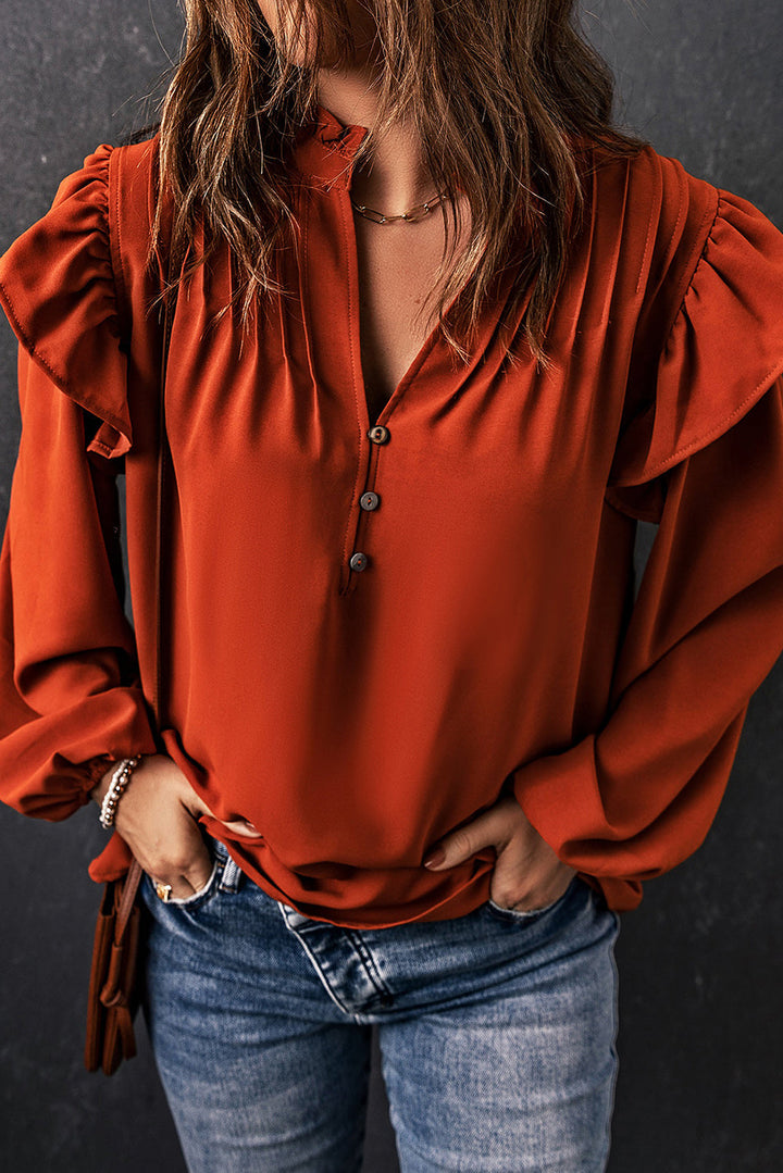 Ruffled Pleated Buttoned V Neck Blouse