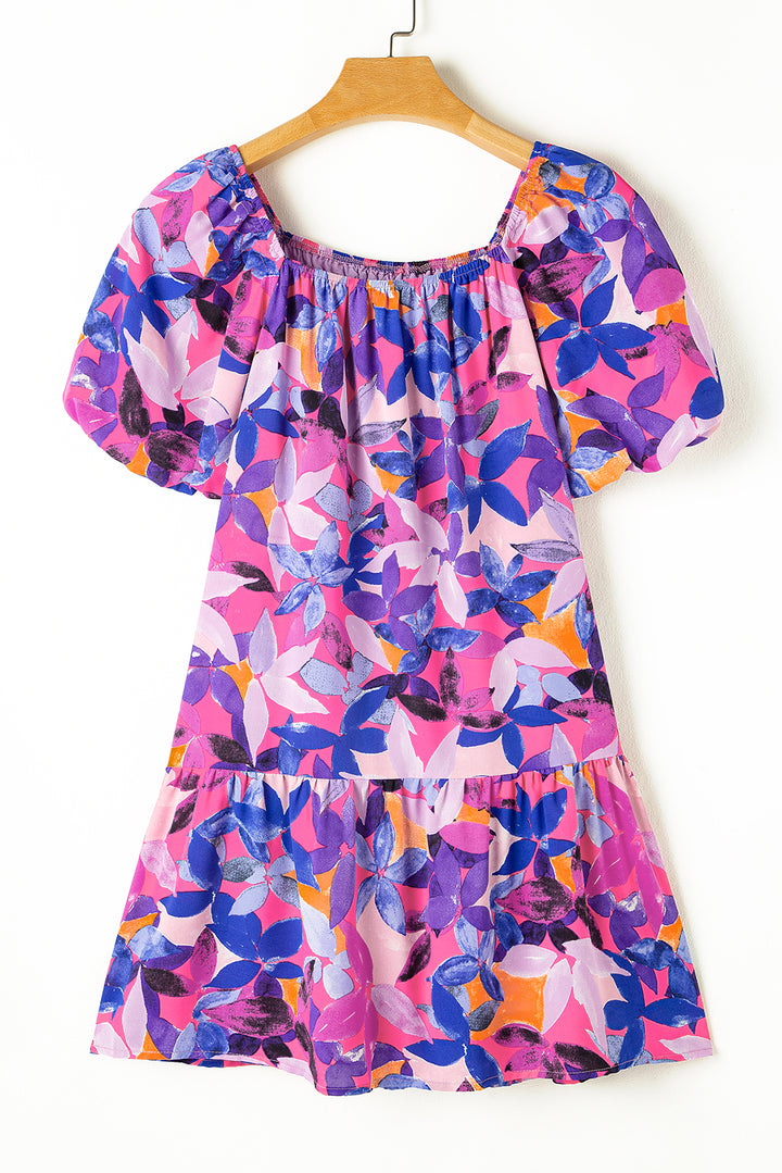 Purple Flower Print Short Puff Sleeve Ruffled Dress