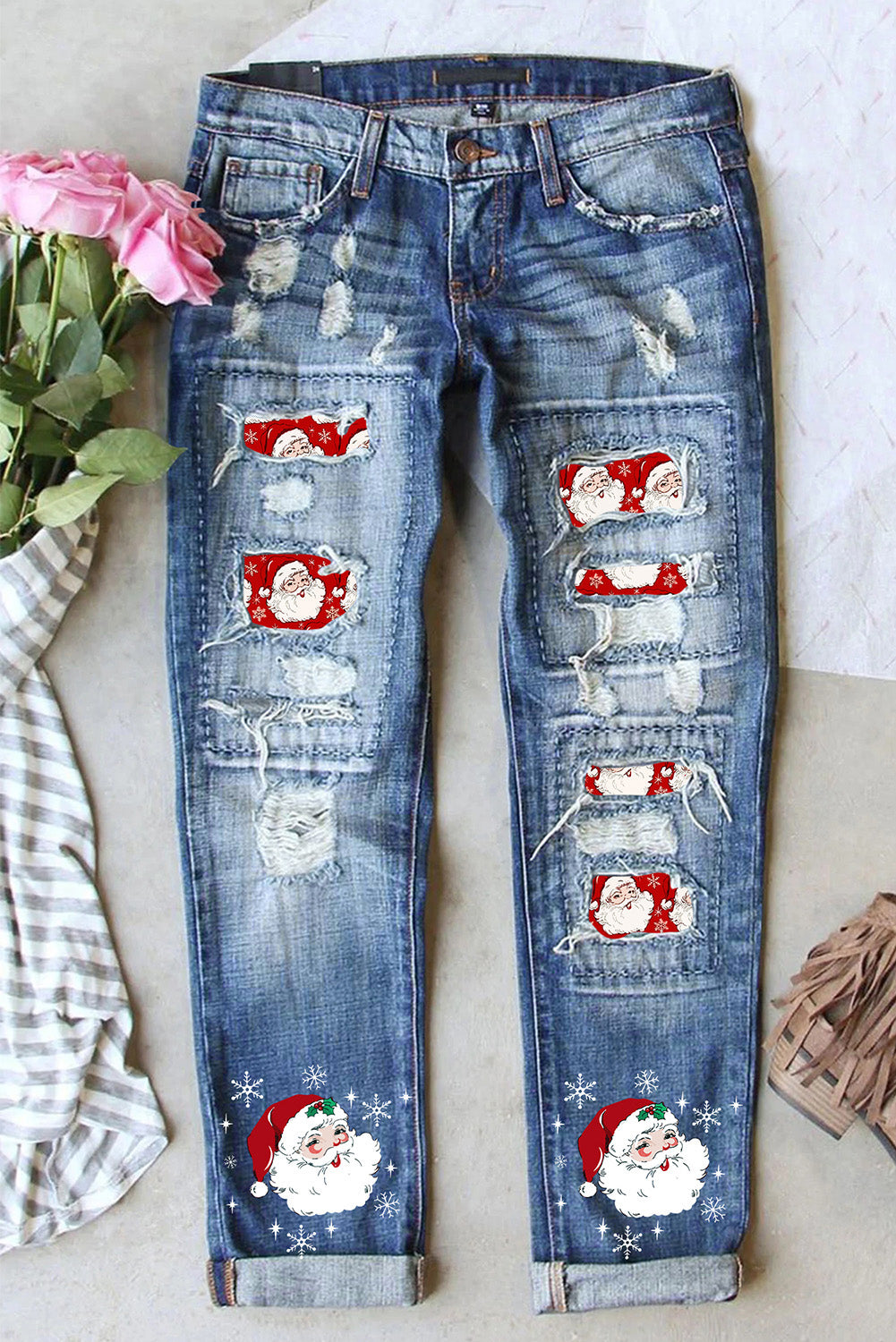 Sky Blue Christmas Santa Claus Patchwork Distressed Boyfriend Jeans