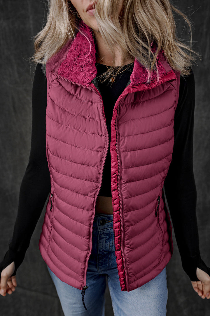 Plush Collared Quilted Zipped Puffer Vest