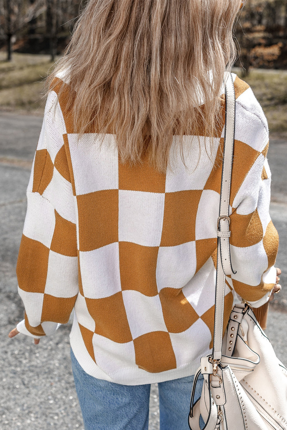 Contrast Checkered Print Button Up Sweater Cardigan