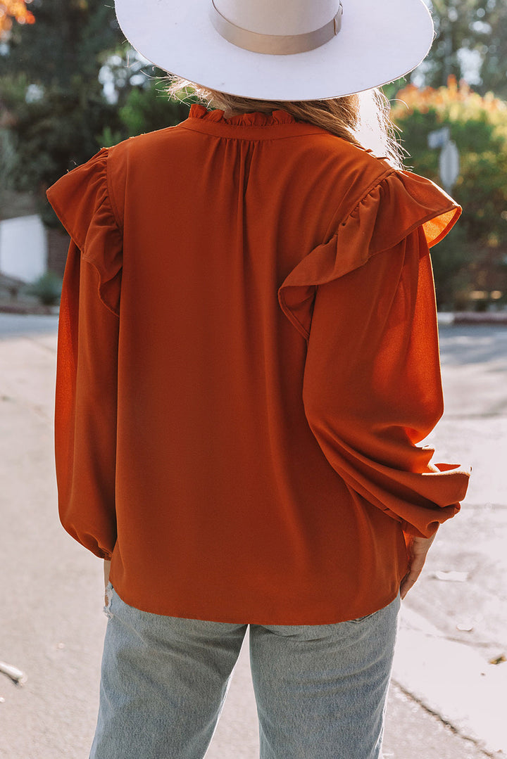 Ruffled Pleated Buttoned V Neck Blouse