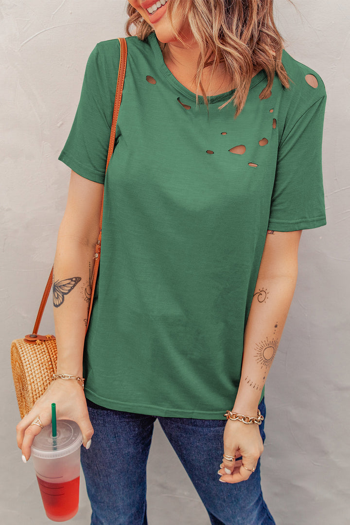 Green Holes Crew Neck Cotton Mixed T-shirt