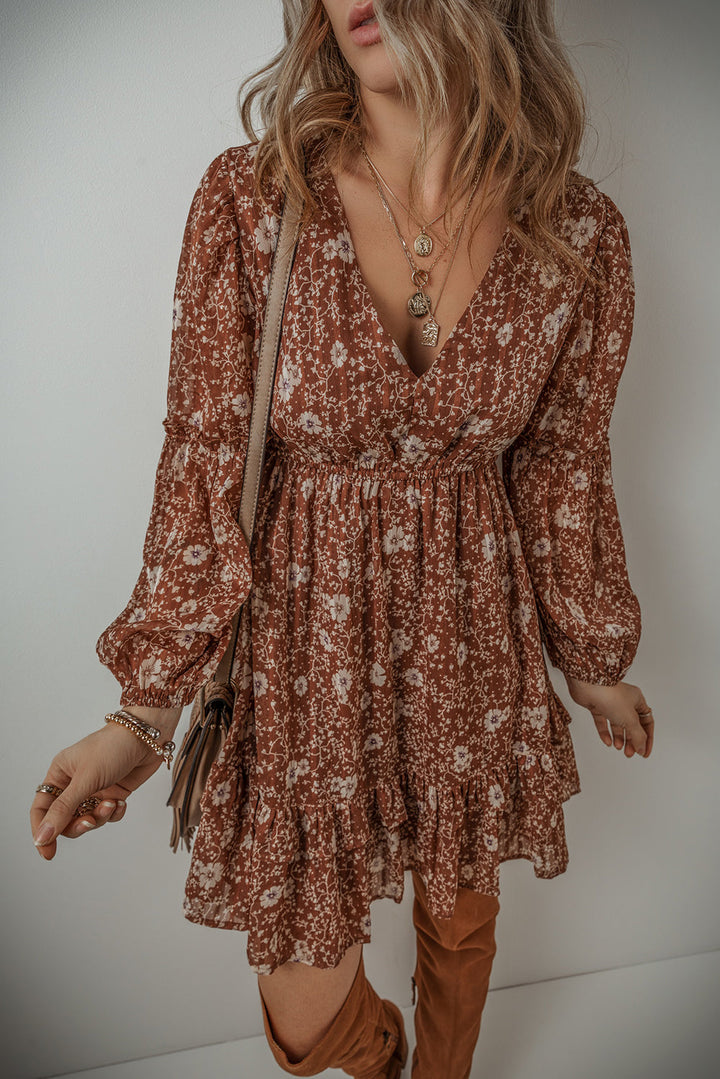 Boho Floral Ruffled Puff Sleeve V Neck Mini Dress