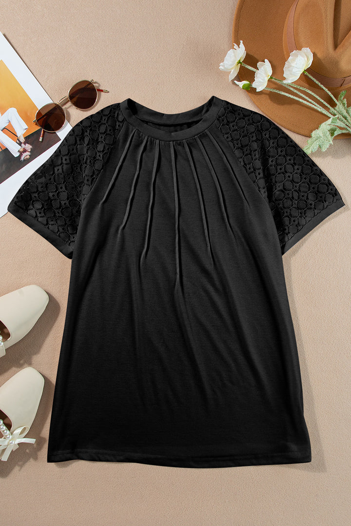 Black Seamed Detail Contrast Lace Raglan Sleeve Tee