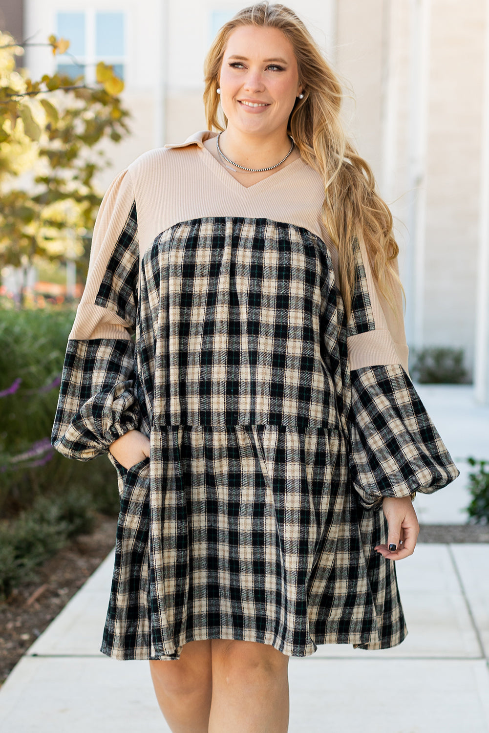 Plaid Waffle Knit Patchwork Collared V Neck Plus Size Mini Dress