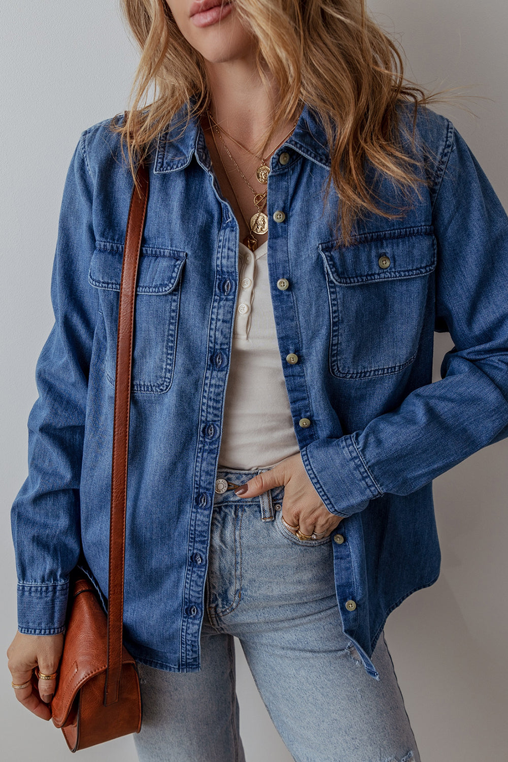 Flap Pocket Button Up Denim Shacket