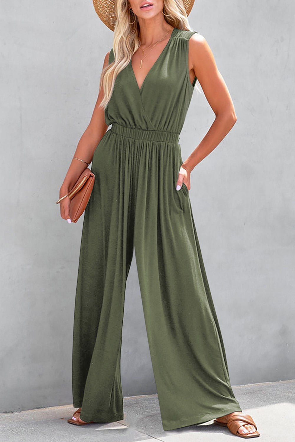 Deep V Pleated Crisscross Wide Leg Backless Jumpsuit